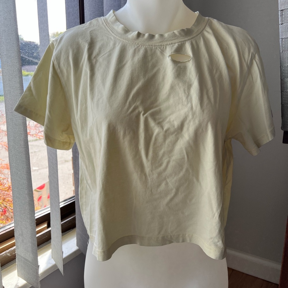 Pale Yellow/Cream Cropped Tshirt with Distressed Details